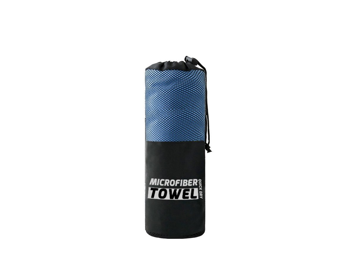 Blue and black mesh drawstring pouch containing a cooling towel.