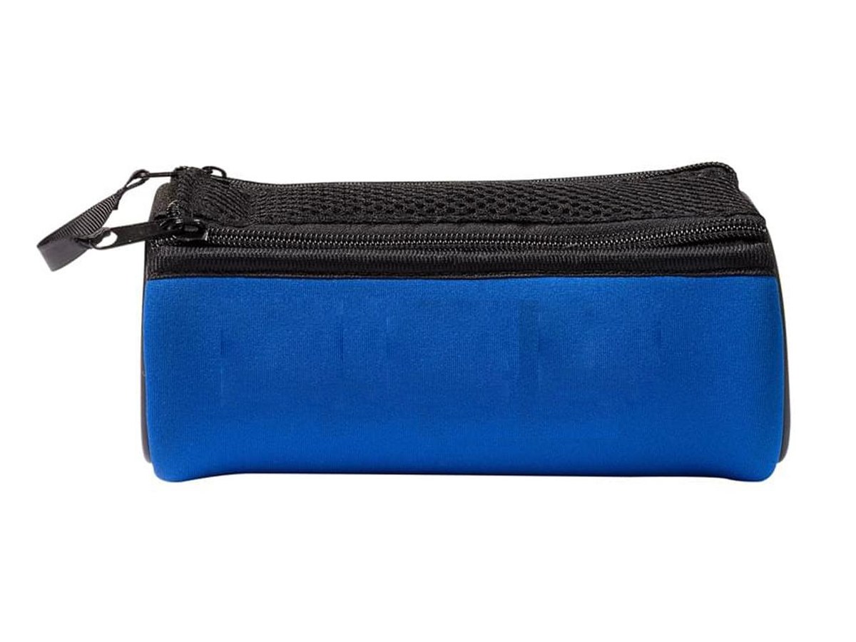 Blue neoprene mini duffel with mesh top and zipper closure.